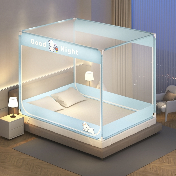 91家纺网 家纺一手货源 找家纺 青竹苑 2025新款双门全底外穿坐床式蚊帐儿童防摔防蚊拉链方帐 卡通-兔子蓝