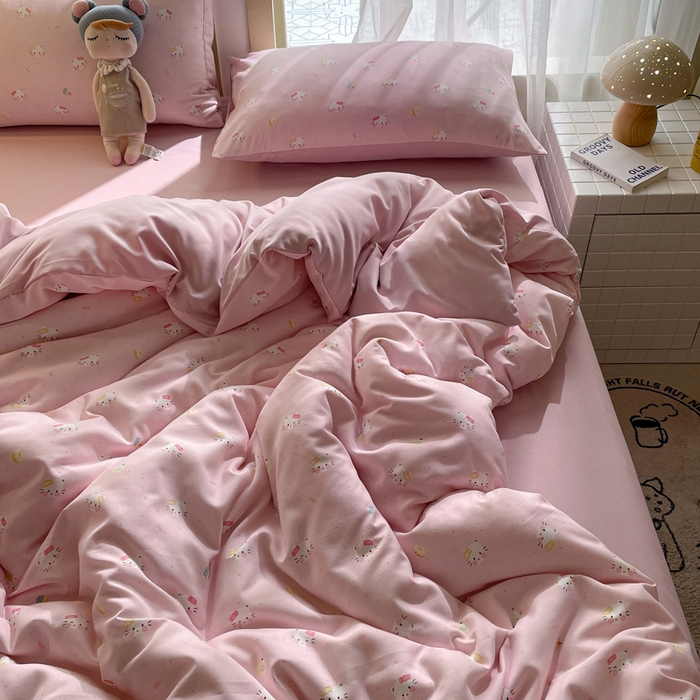 91家纺网 家纺一手货源 找家纺 仟网汇 2025新款针织双层纱AB版四件套 萌萌小猫