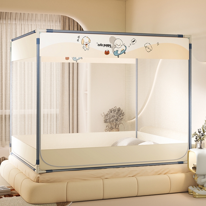 91家纺网 家纺一手货源 找家纺 青竹苑 2025新款三门大版上下布印花外穿坐床蚊帐床笠式防摔方帐 快乐修狗