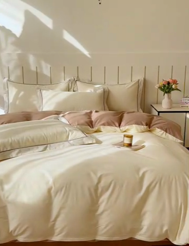 91家纺网 家纺一手货源 找家纺 锦彩 2025新款40长绒棉酒店宾馆民宿学生三件套正宗13372双拼纯色全棉四件套（可定制）奶昔白-摩卡