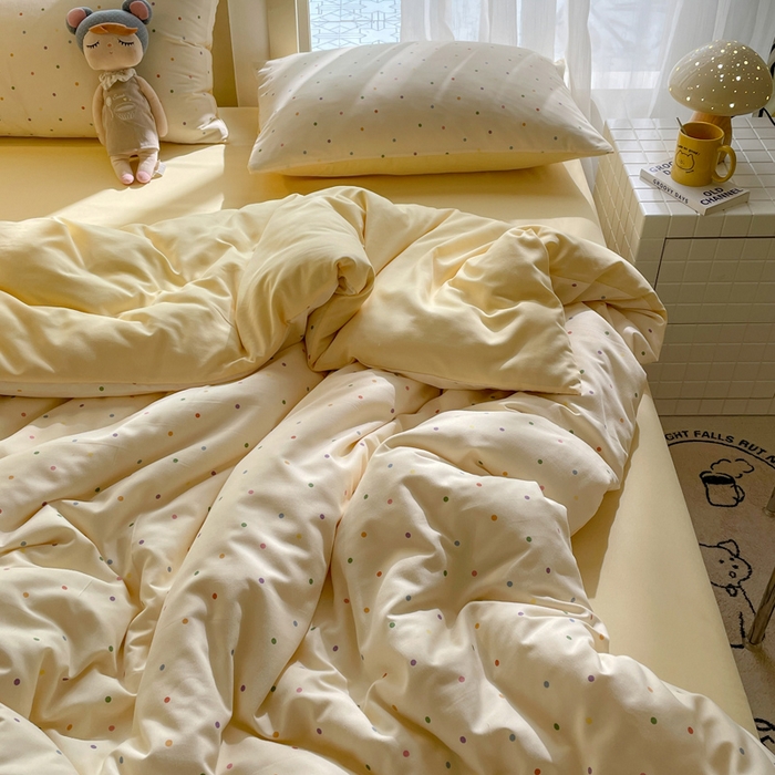 91家纺网 家纺一手货源 找家纺 仟网汇 2025新款针织双层纱AB版四件套 七彩波点