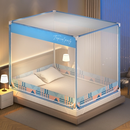 91家纺网 家纺一手货源 找家纺 青竹苑 2025新款双门全底外穿坐床式蚊帐儿童防摔防蚊拉链方帐 几何图案-梦光蓝