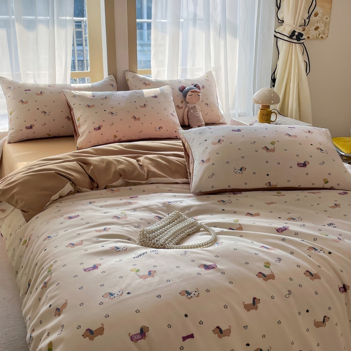 91家纺网 家纺一手货源 找家纺 仟网汇 2025新款针织双层纱AB版四件套 运动小狗