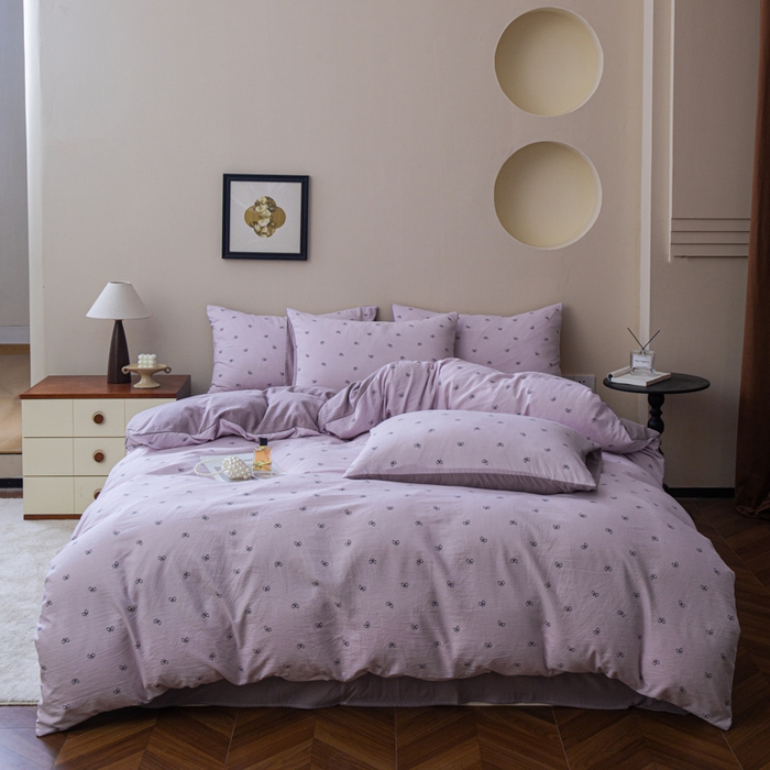 91家纺网 家纺一手货源 找家纺 利禾家纺 2025新款针织天竺棉水洗棉四件套被套学生宿舍三件套床单款 莫奈紫