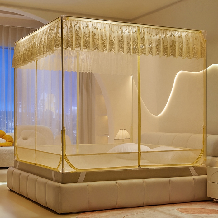 91家纺网 家纺一手货源 找家纺 青竹苑 2025新款花边TU拉链外穿全底坐床蚊帐 浅米黄