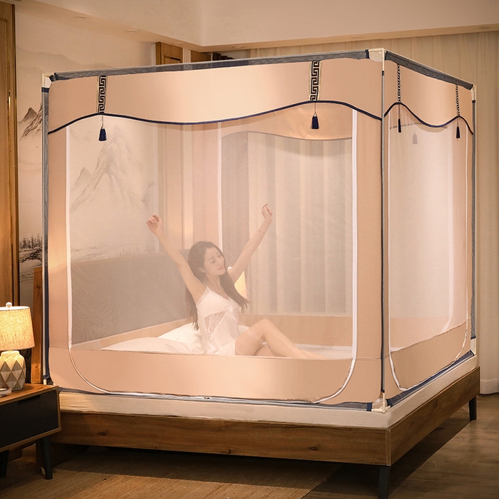 91家纺网 家纺一手货源 找家纺 青竹苑 2025新款外穿中式坐床全底防摔蚊帐 卡其色