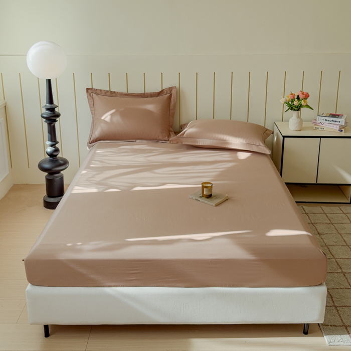 91家纺网 家纺一手货源 找家纺 2025床笠全棉纯色床笠双拼简约床笠三件套可定制 摩卡