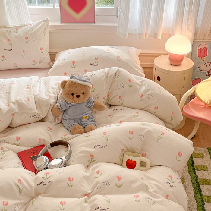 91家纺网 家纺一手货源 找家纺 博雅 2025新款全棉A类双层纱四件套 花园萌兔