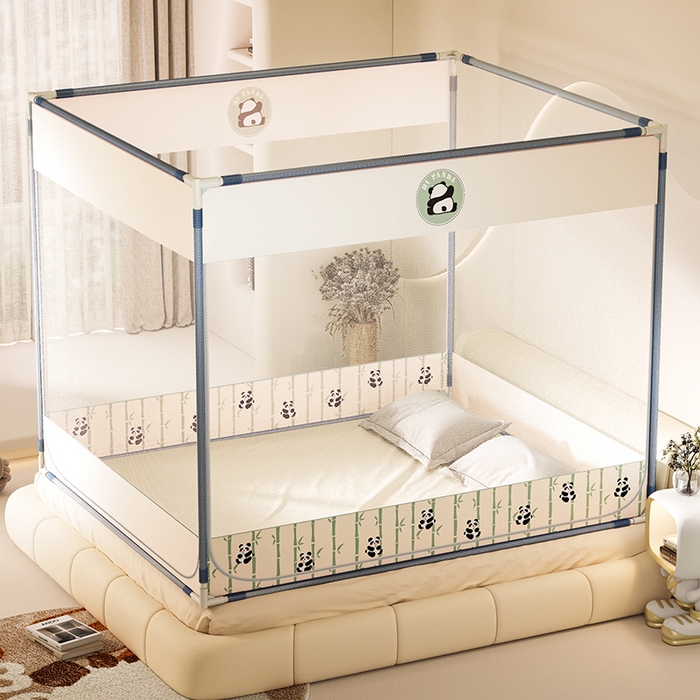 91家纺网 家纺一手货源 找家纺 青竹苑 2025新款三门大版上下布印花外穿坐床蚊帐床笠式防摔方帐 竹子熊