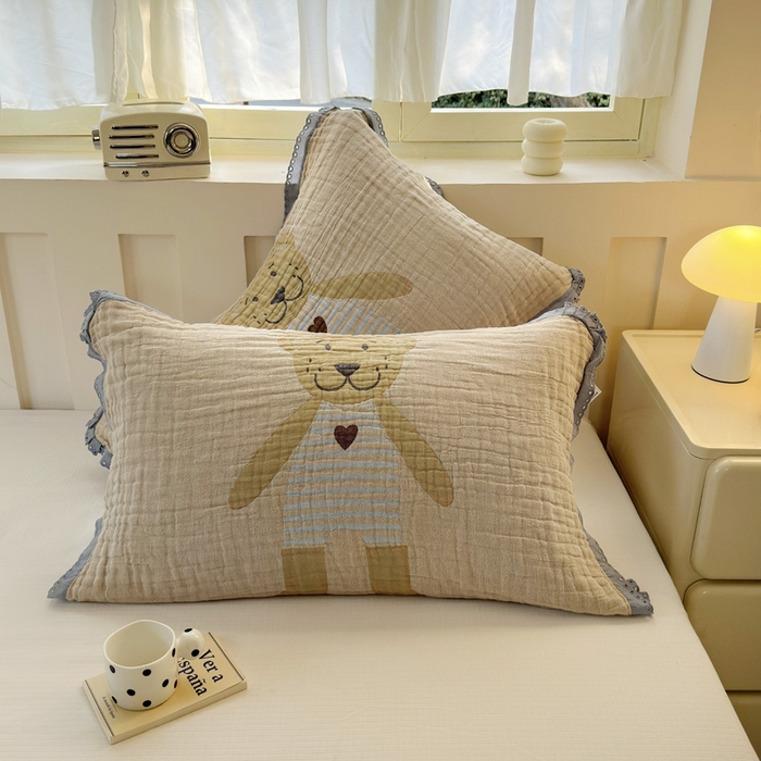 91家纺网 家纺一手货源 找家纺 朴尔家纺-毛巾被 2025新款皱皱纱卡通大版花边全棉四层纱布枕巾 条纹虎