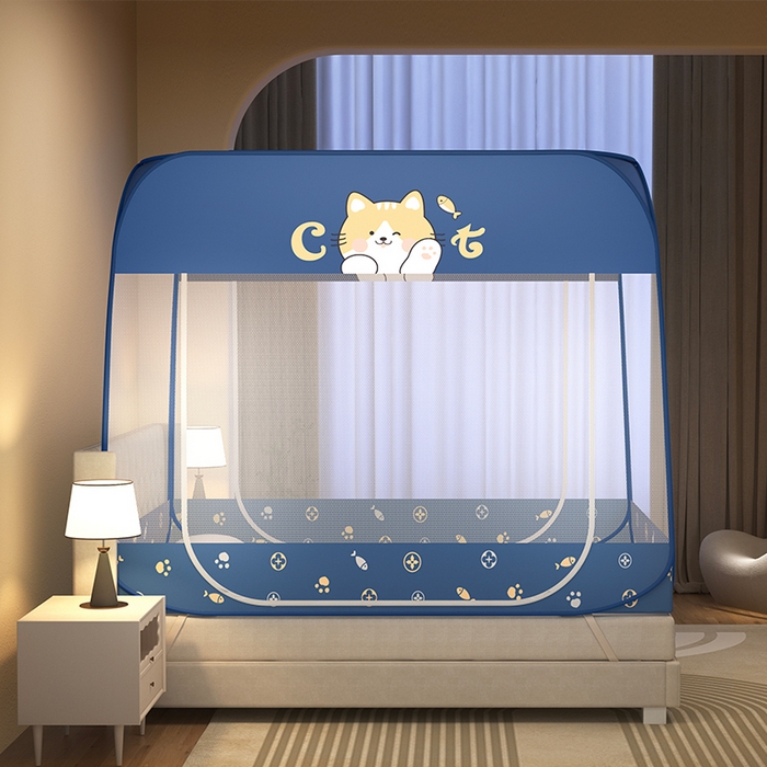 91家纺网 家纺一手货源 找家纺 青竹苑 2025新款免安装方顶布三角防尘顶款魔术蚊帐 橘猫蓝