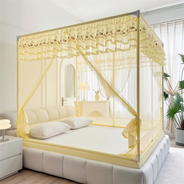 91家纺网 家纺一手货源 找家纺 青竹苑 2025新款紫荆花床笠式坐床防摔蚊帐 柠檬黄