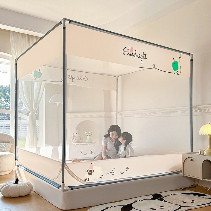 91家纺网 家纺一手货源 找家纺 青竹苑 2025新款三门大版上下布印花外穿坐床蚊帐床笠式防摔方帐 羊咩咩