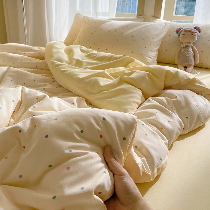 91家纺网 家纺一手货源 找家纺 仟网汇 2025新款针织双层纱AB版四件套 七彩波点