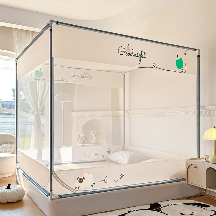 91家纺网 家纺一手货源 找家纺 青竹苑 2025新款三门大版上下布印花外穿坐床蚊帐床笠式防摔方帐 羊咩咩