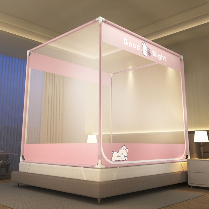 91家纺网 家纺一手货源 找家纺 青竹苑 2025新款双门全底外穿坐床式蚊帐儿童防摔防蚊拉链方帐 卡通-兔子粉