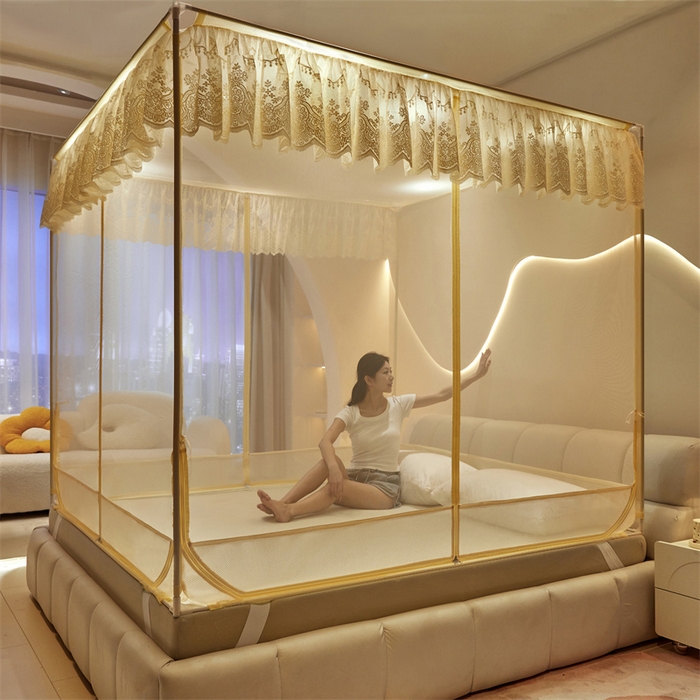 91家纺网 家纺一手货源 找家纺 青竹苑 2025新款花边TU拉链外穿全底坐床蚊帐 浅米黄