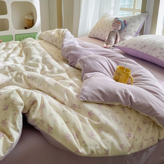 91家纺网 家纺一手货源 找家纺 仟网汇 2025新款针织双层纱AB版四件套 莱茵紫花