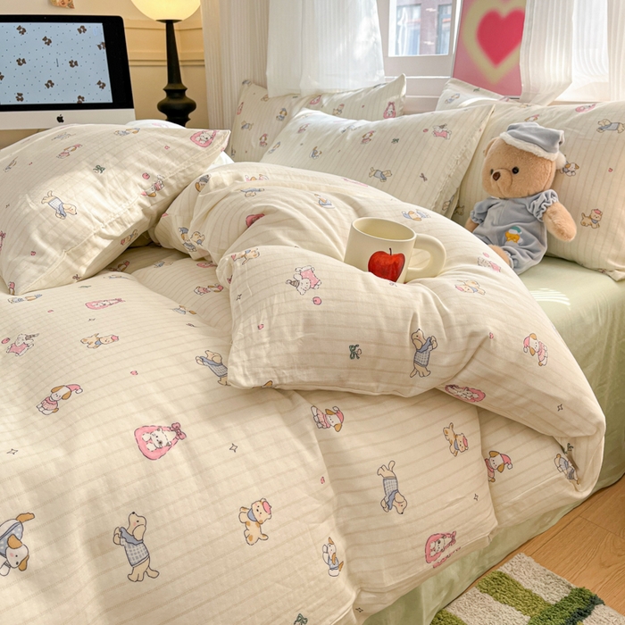 91家纺网 家纺一手货源 找家纺 博雅 2025新款全棉A类双层纱四件套 哈哈狗