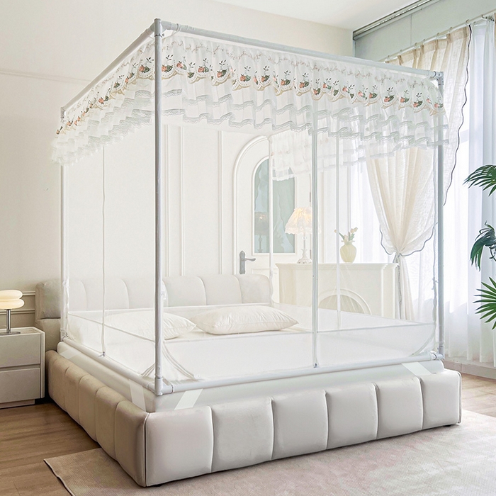 91家纺网 家纺一手货源 找家纺 青竹苑 2025新款紫荆花床笠式坐床防摔蚊帐 奶昔白