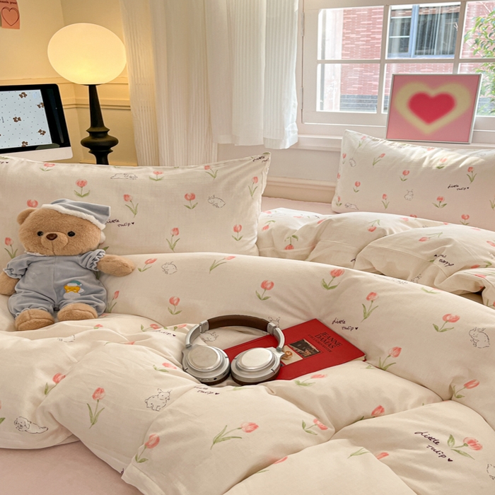 91家纺网 家纺一手货源 找家纺 博雅 2025新款全棉A类双层纱四件套 花园萌兔