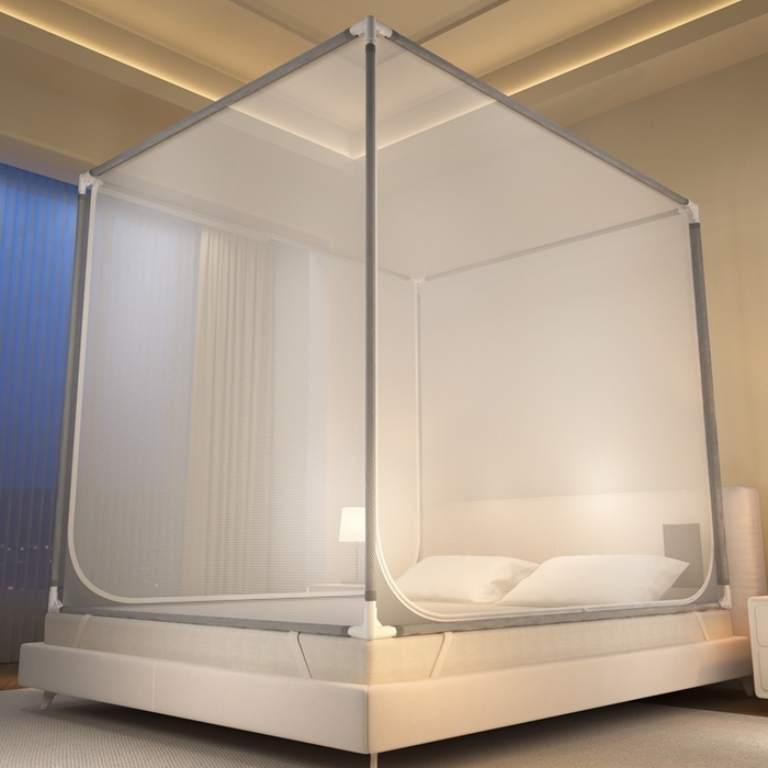 91家纺网 家纺一手货源 找家纺 青竹苑 2025新款双门全底外穿坐床式蚊帐儿童防摔防蚊拉链方帐 大方加密灰