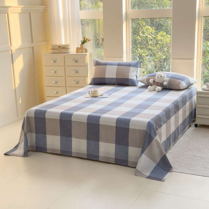 91家纺网 家纺一手货源 找家纺 柠萌家居 2025新款无印风全棉色织A类母婴级纯棉水洗棉床单 蓝大格