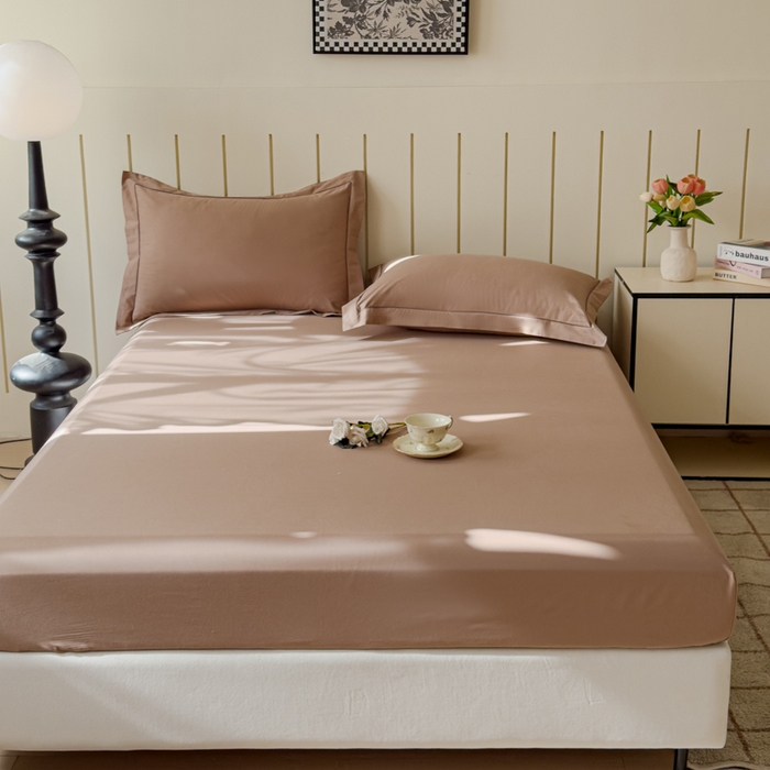 91家纺网 家纺一手货源 找家纺 2025床笠全棉纯色床笠双拼简约床笠三件套可定制 摩卡