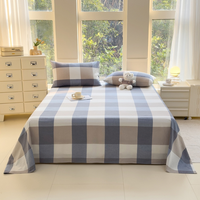 91家纺网 家纺一手货源 找家纺 柠萌家居 2025新款无印风全棉色织A类母婴级纯棉水洗棉床单 蓝大格