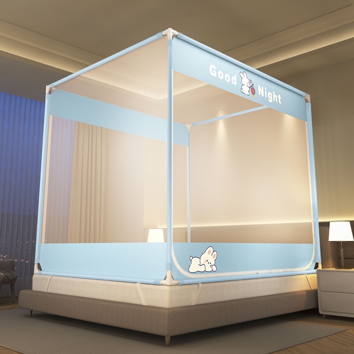 91家纺网 家纺一手货源 找家纺 青竹苑 2025新款双门全底外穿坐床式蚊帐儿童防摔防蚊拉链方帐 卡通-兔子蓝