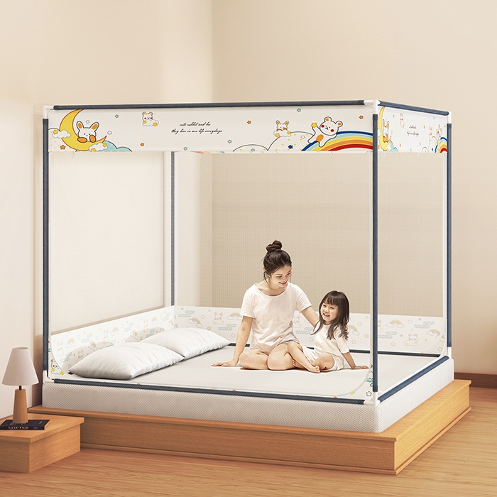 91家纺网 家纺一手货源 找家纺 青竹苑 2025新款三门大版上下布印花外穿坐床蚊帐床笠式防摔方帐 萌萌兔