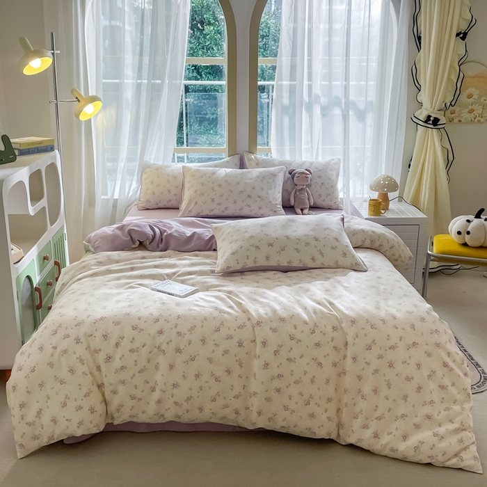 91家纺网 家纺一手货源 找家纺 仟网汇 2025新款针织双层纱AB版四件套 莱茵紫花