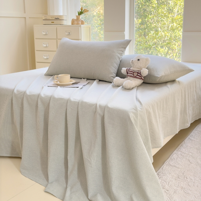 91家纺网 家纺一手货源 找家纺 柠萌家居 2025新款无印风全棉色织A类母婴级纯棉水洗棉床单 绿极细条