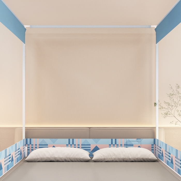 91家纺网 家纺一手货源 找家纺 青竹苑 2025新款双门全底外穿坐床式蚊帐儿童防摔防蚊拉链方帐 几何图案-梦光蓝