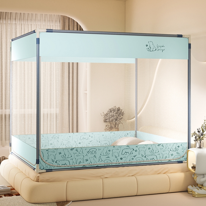 91家纺网 家纺一手货源 找家纺 青竹苑 2025新款三门大版上下布印花外穿坐床蚊帐床笠式防摔方帐 北极熊