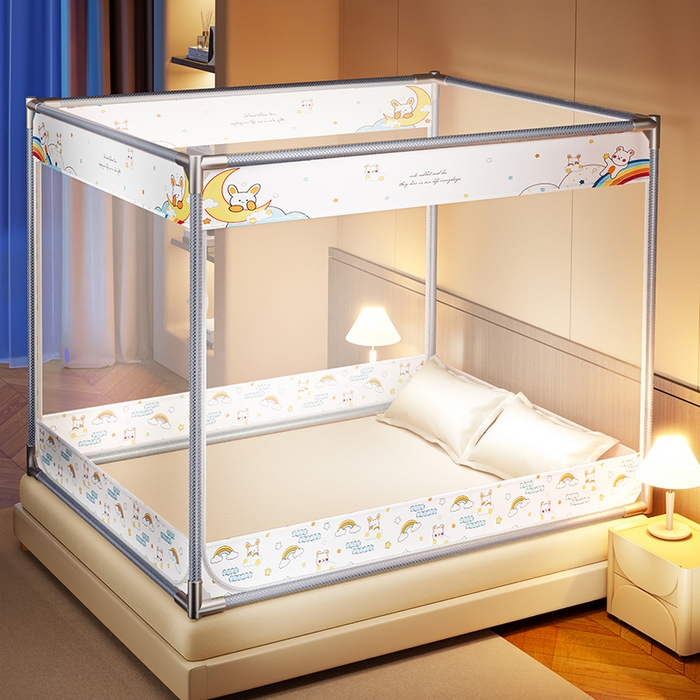 91家纺网 家纺一手货源 找家纺 青竹苑 2025新款三门大版上下布印花外穿坐床蚊帐床笠式防摔方帐 萌萌兔