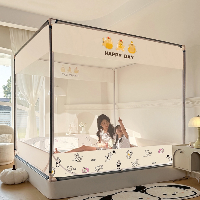 91家纺网 家纺一手货源 找家纺 青竹苑 2025新款三门大版上下布印花外穿坐床蚊帐床笠式防摔方帐 你好喵呀