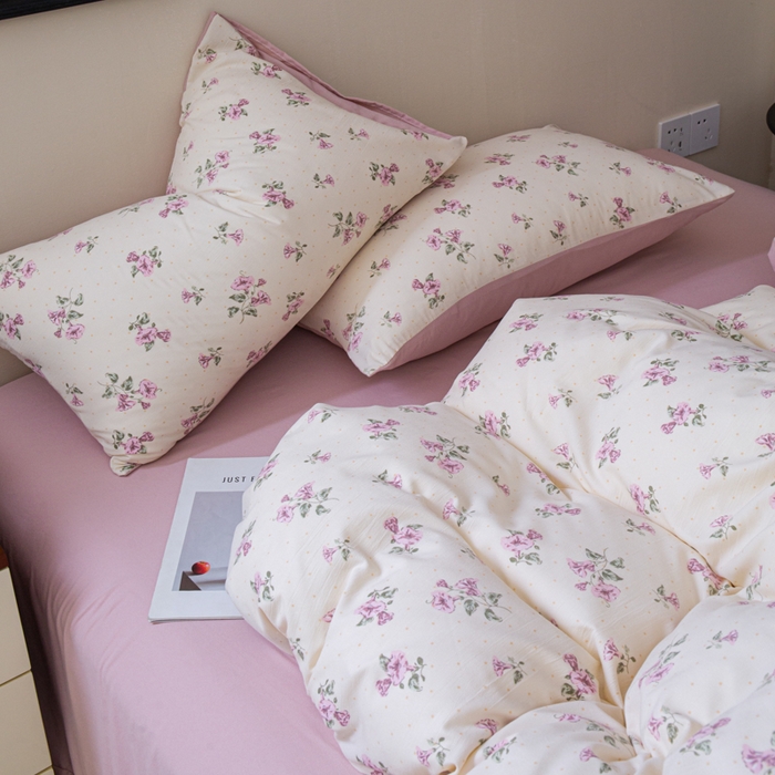 91家纺网 家纺一手货源 找家纺 利禾家纺 2025新款针织天竺棉水洗棉四件套被套学生宿舍三件套床单款 牵牛花