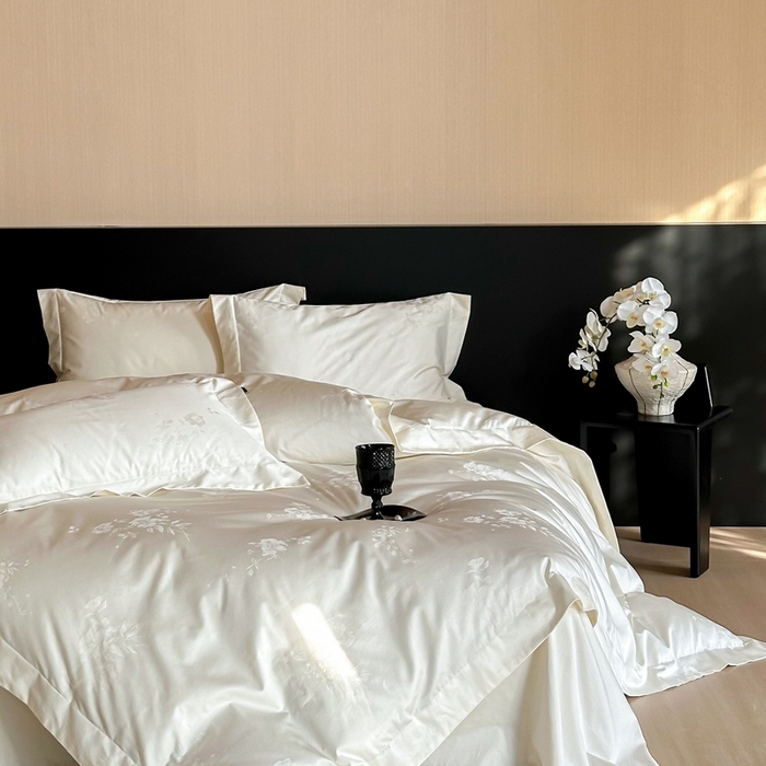 91家纺网 家纺一手货源 找家纺 窝米 2025春季新品100支长绒棉轻奢提花四件套系列 蜜香-白百合