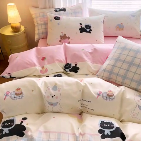 91家纺网 家纺一手货源 找家纺 名兮家居 2025年新款13372全棉印花四件套-卡通系列 可爱喵