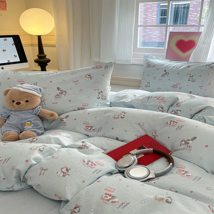 91家纺网 家纺一手货源 找家纺 博雅 2025新款全棉A类双层纱四件套 晚安猫