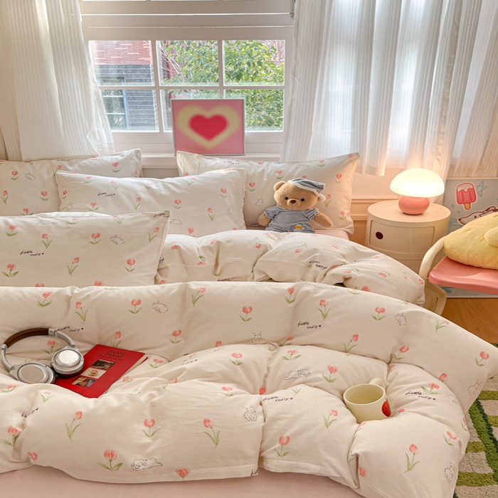 91家纺网 家纺一手货源 找家纺 博雅 2025新款全棉A类双层纱四件套 花园萌兔