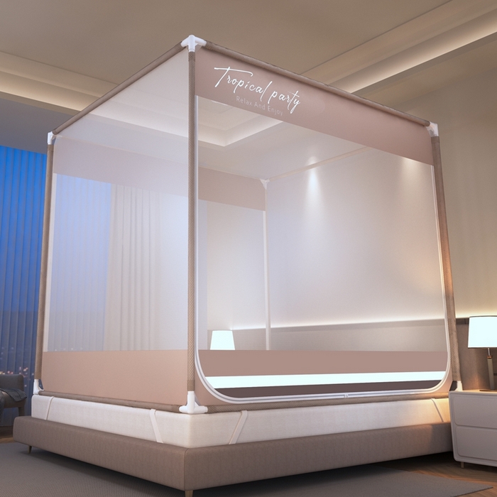 91家纺网 家纺一手货源 找家纺 青竹苑 2025新款双门全底外穿坐床式蚊帐儿童防摔防蚊拉链方帐 几何图案-仲夏咖