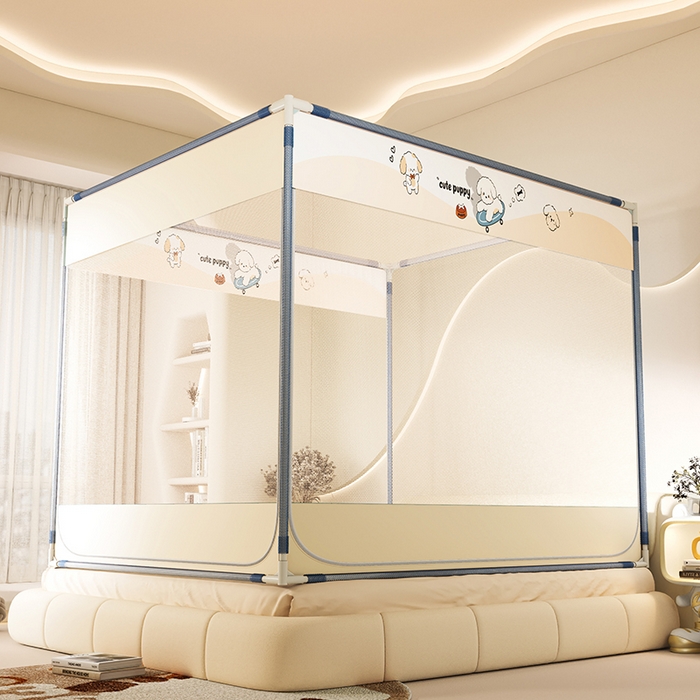 91家纺网 家纺一手货源 找家纺 青竹苑 2025新款三门大版上下布印花外穿坐床蚊帐床笠式防摔方帐 快乐修狗