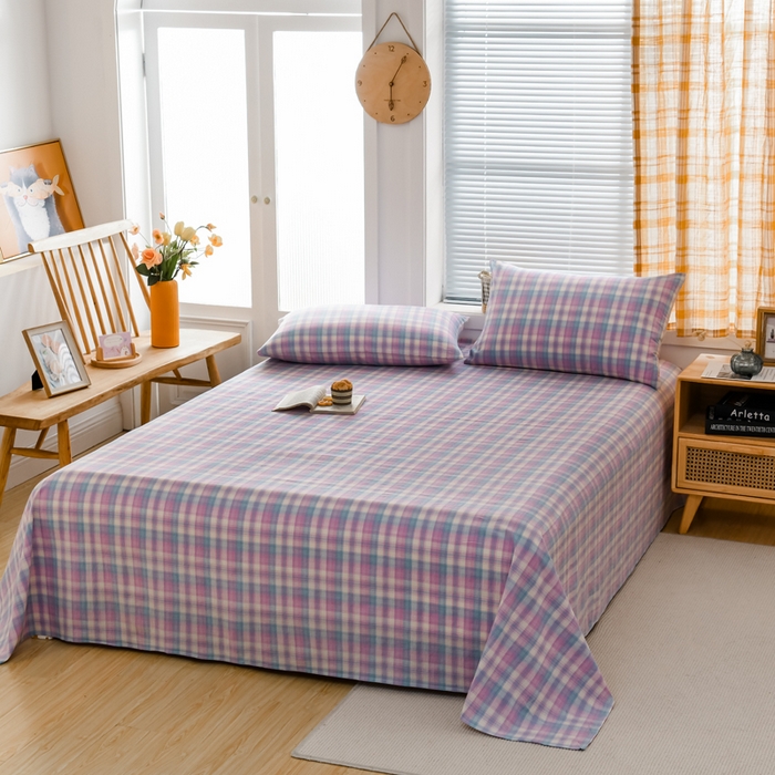 91家纺网 家纺一手货源 找家纺 柠萌家居 2025新款无印风全棉色织A类母婴级纯棉水洗棉床单 简爱紫格