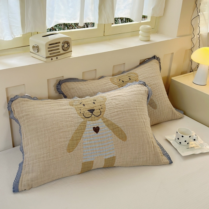 91家纺网 家纺一手货源 找家纺 朴尔家纺-毛巾被 2025新款皱皱纱卡通大版花边全棉四层纱布枕巾 条纹虎