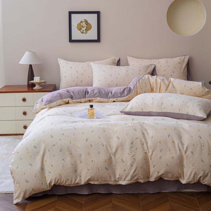 91家纺网 家纺一手货源 找家纺 利禾家纺 2025新款针织天竺棉水洗棉四件套被套学生宿舍三件套床单款 安琪拉兔