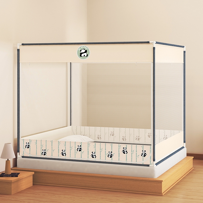 91家纺网 家纺一手货源 找家纺 青竹苑 2025新款三门大版上下布印花外穿坐床蚊帐床笠式防摔方帐 竹子熊