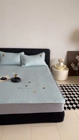 91家纺网 家纺一手货源 找家纺 由有家居 2025新款50S双股长绒棉全棉刺绣绗缝夹棉床笠床垫保护罩 海清绿