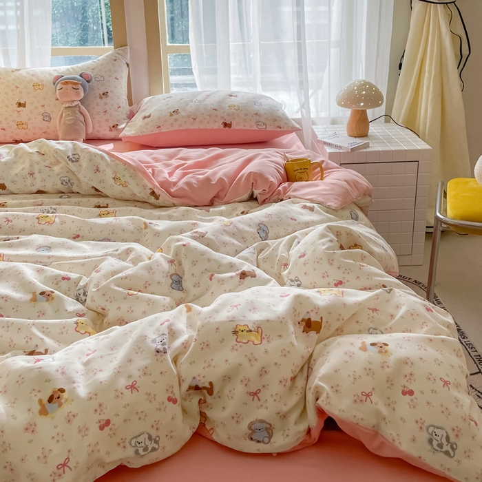 91家纺网 家纺一手货源 找家纺 仟网汇 2025新款针织双层纱AB版四件套 精灵花园